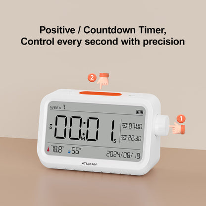 ATuMan MT2 Thermometer Hygrometer with Clock – Indoor Temperature & Humidity Monitor with Alarm and Night Light